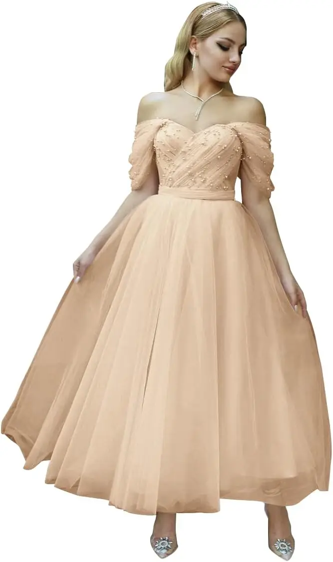 Robes de bal en tulle longueur thé pour femmes, épaules dénudées, robes de bal pour adolescents, robe de princesse bouffante en perles, robes de bal