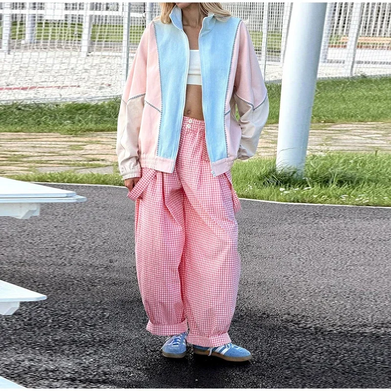 Y2K Damenjacken Mantel mit Streifenbesatz Stehkragen Reißverschluss Oversize Windbreaker Locker Sitzende Streetwear Sportjacke Oberbekleidung Outfit – Detail 15