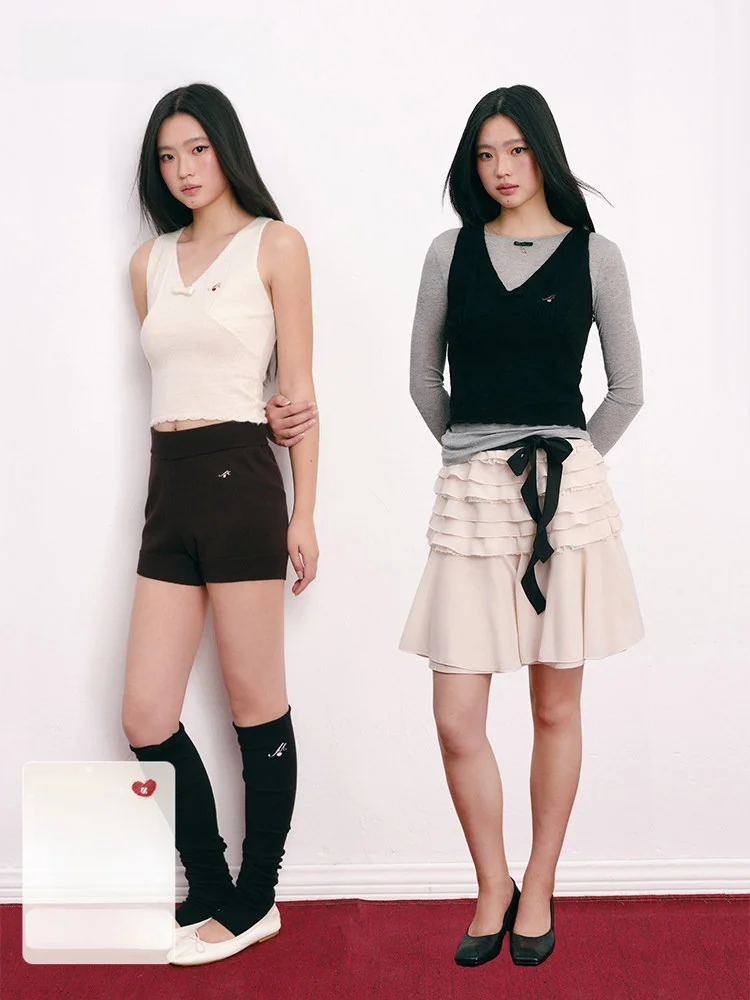 

Moonmoi Mist Island Sweet Dr Korean Sle Girl's Ruffle V-ne Knot Slim Fit Versatile Basic Vest Breathable Yoke