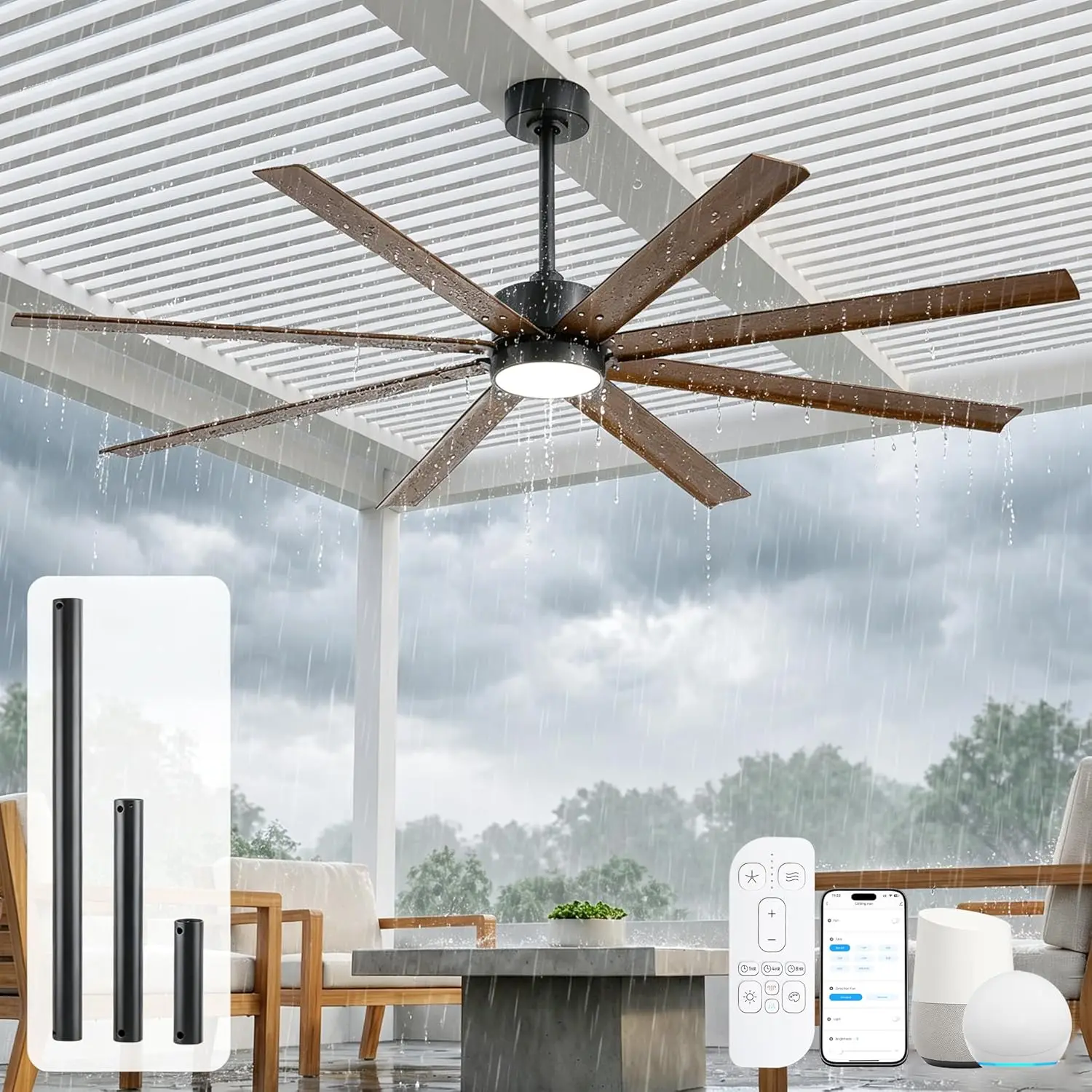 

56-Inch Smart Ceiling Fan, Wet Rated Outdoor with Light for Patios, Waterproof, Alexa/App/Remote Control, 8 Anti-Rust Aluminum Blades, Quiet DC Motor, 7446 CFM Airflow, ETL Listed