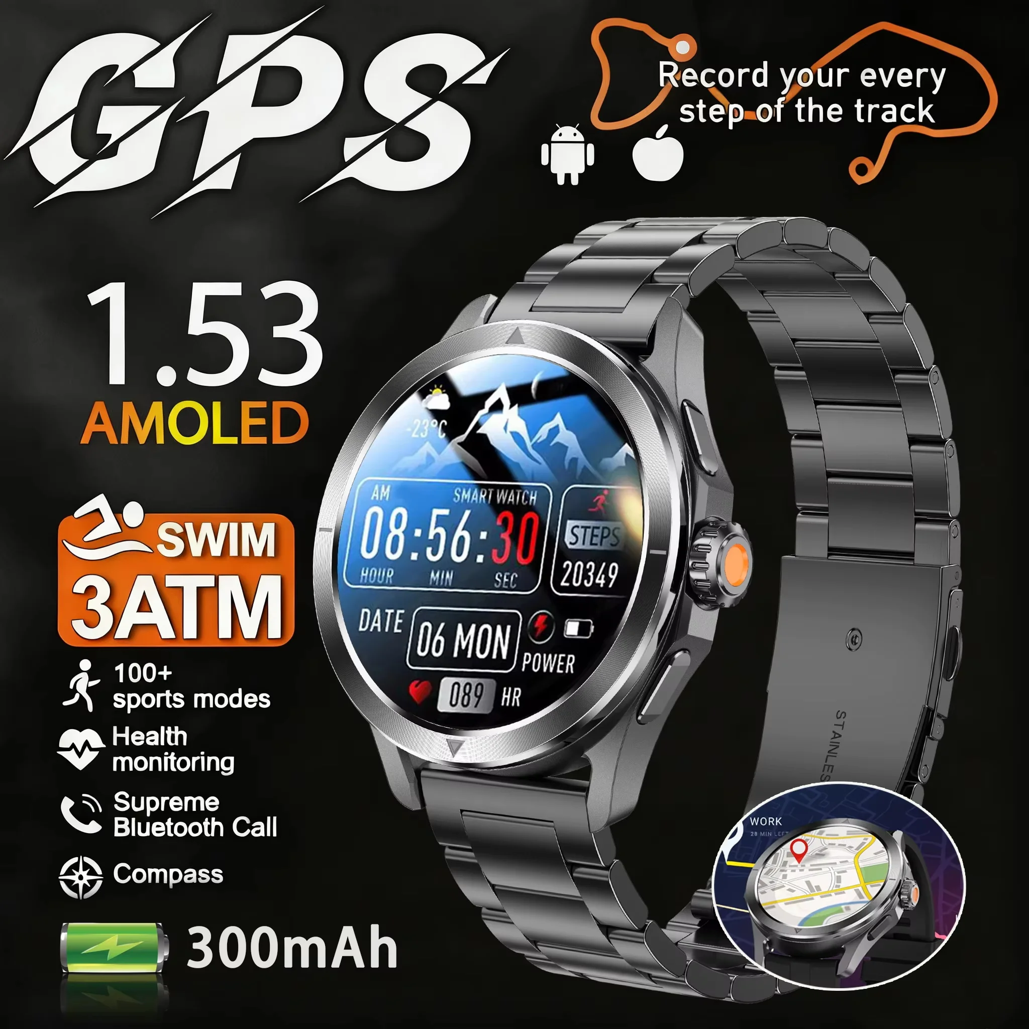 

2025 New 300mAh Battery Sports SmartWatch 1.53" AMOLED Screen 5ATM Waterproof Compass and GPS Altimeter Military Smartwatch Men