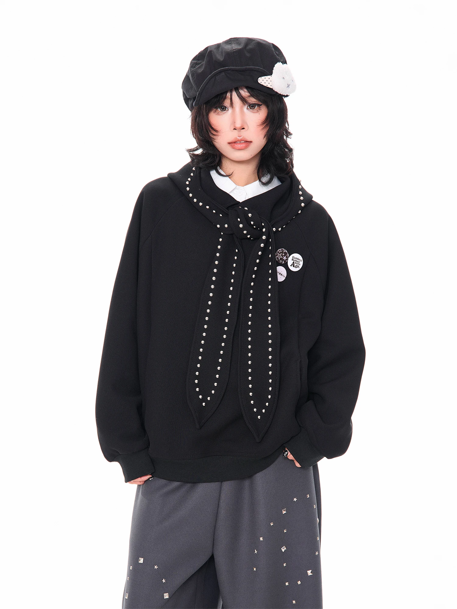 

MKGO 3D Rabbit Ear Rhinestone Hoodie Women's Casual Loose Outerwear Spring Design Sense Long Sve Thermal Top