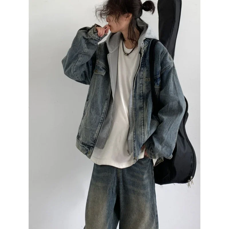 Blue Denim Set Mens American Vintage Washing Cowboy Jackets+High Street Straight-leg Jeans 2-piece Y2K Hip Hop Suits Unisex