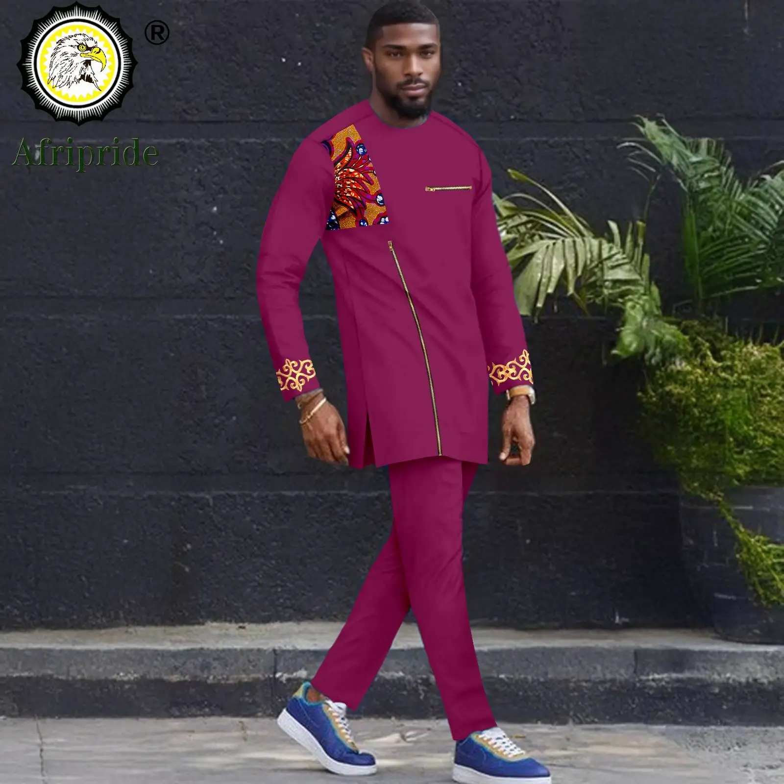 African Suits for Men O-neck Long Sleeve Embroidery Zip Shirts and Pants 2 Piece Set Dashiki Tracksuit Print Outfits 2516036