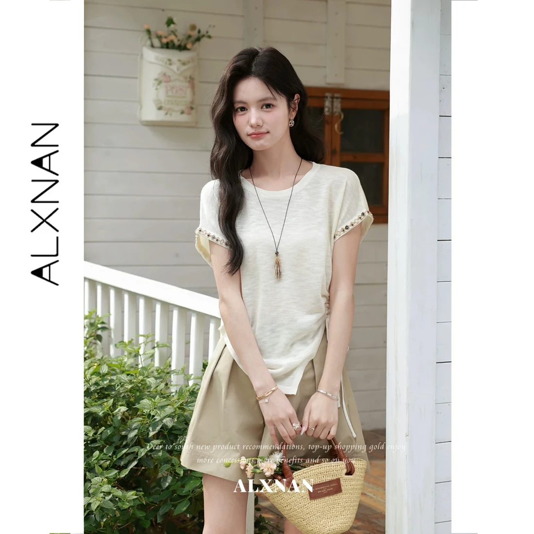 

ALXNAN 2026 Crew Neck Short Sleeve T-shirt Drawstring Pleated Irregular Design T-shirts Summer Elegant Casual Tops Female L63519