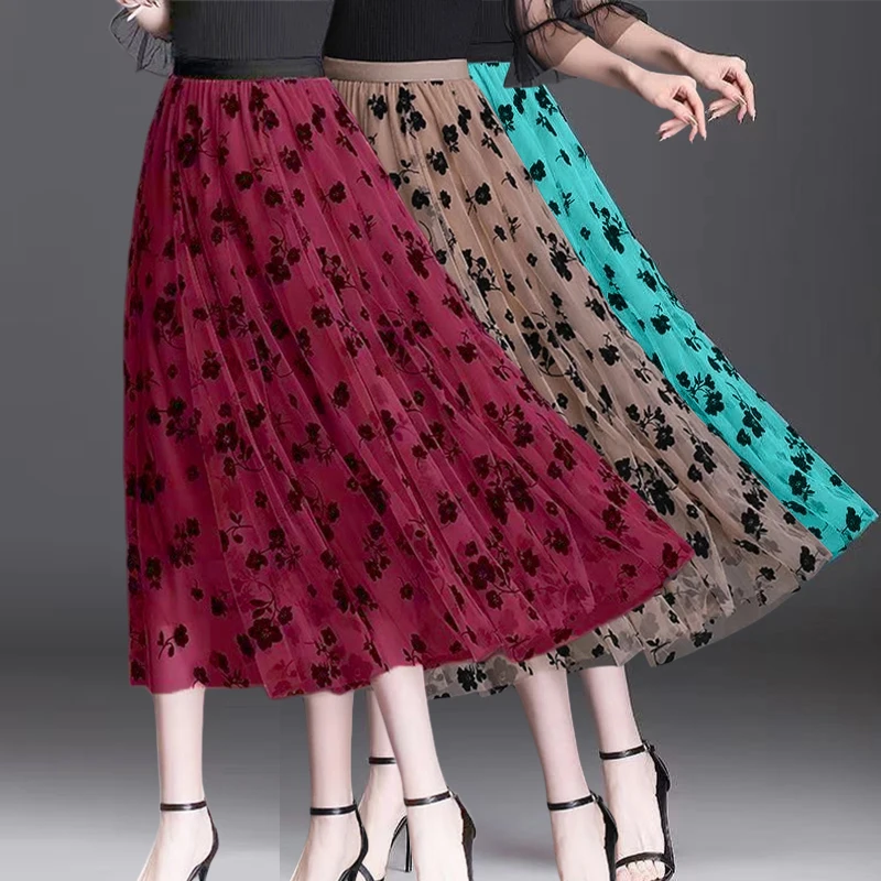 Korean Women Mesh Skirt Fashion Hook Flower Loose Midi Skirt Elegant Female Casual All Match Skirts Winter New Office Lady OL