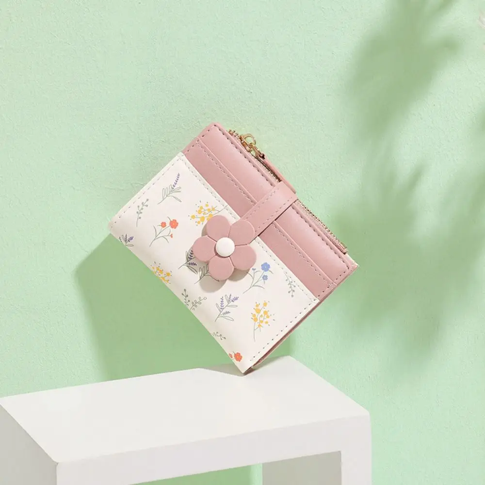 Flowers Printed Mini Coin Purse Multi-Cards Slot Zipper Women's Short Wallet Portable PU Leather Small Card Bag Key Protector