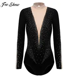 Women Ballet Dance Gymnastics Figure Skating Acrobatics Leotard Long Sleeve Sheer Mesh Rhinestone Bodysuit Performance Dancewear