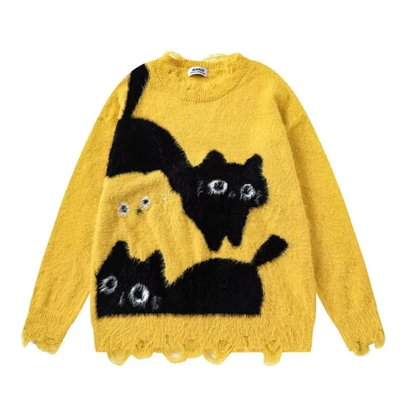 Autumn Cat Pattern Trendy Sweaters Mens Retro Round Neck Color Blocking Male Pullover Rough Edge College Hip Hop Knitted Tops