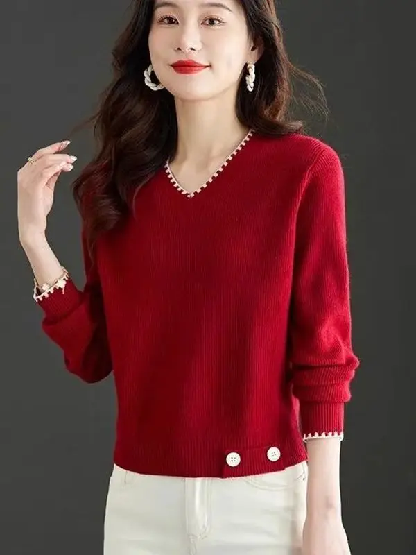 

Корейский простой цветной трикотаж Blo V-Ne, женский осенний новый модный утягивающий длинный свеч, основа irt, повседневный трикотаж для поездок на работу