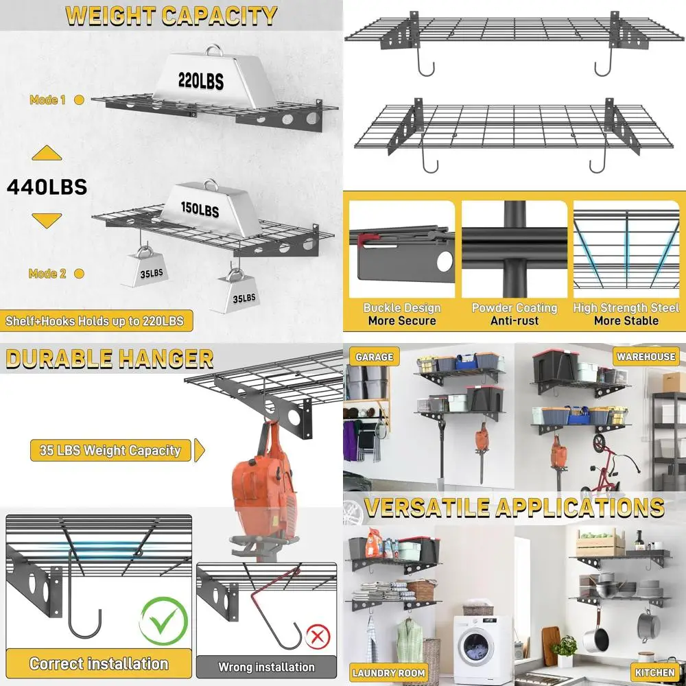 

2-Pack 4ft Heavy-Duty Black Wall Shelves with Hooks, Holds 220lbs