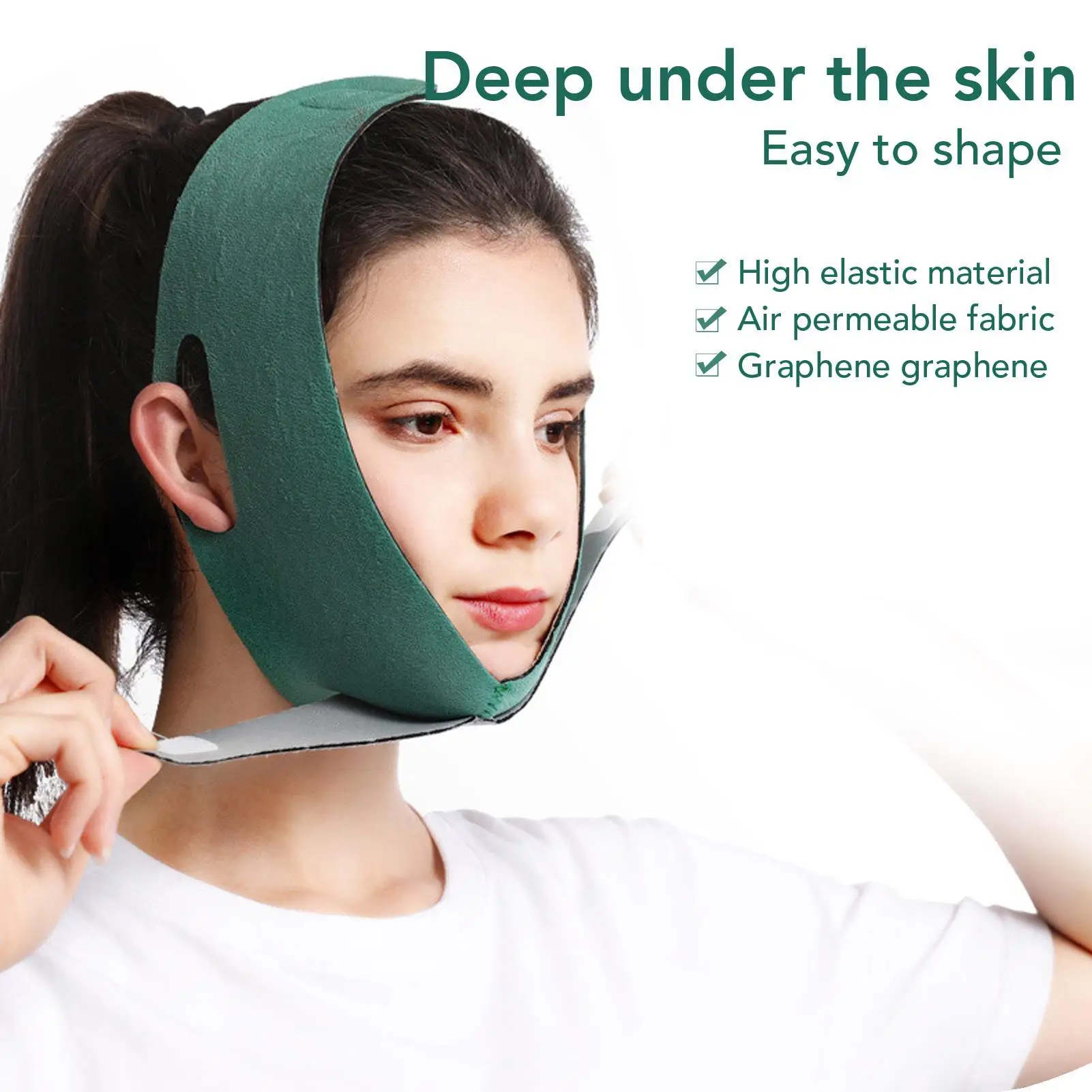 V-Line Double Chin Reducer  - Soft Graphene Tightening and Firming for jawline Lifting Strap - Breathable Green Design