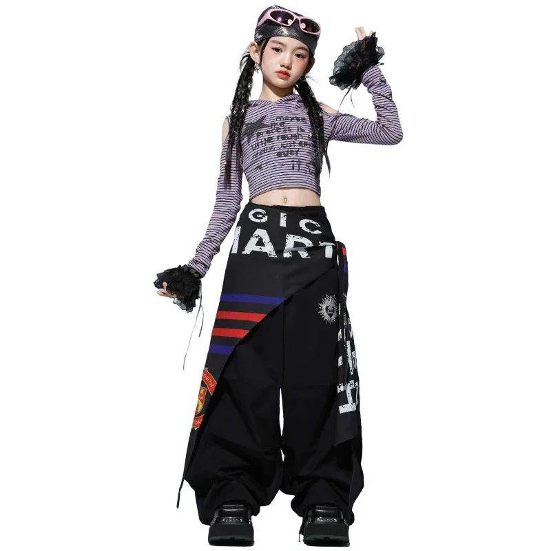 طفل Kpop الهيب هوب الملابس الأرجواني مخطط المحاصيل هوديي تي شيرت أسود عادية المظلة السراويل لفتاة الشارع أزياء رقص الملابس #5