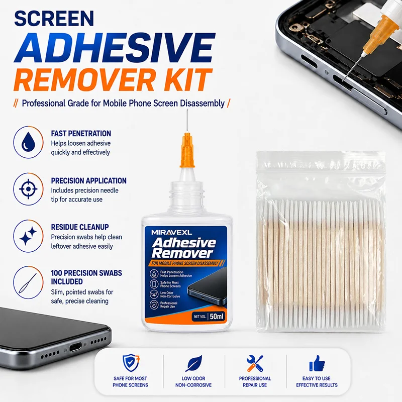 MIRAVEXL LCD Glue Remover Set With Needle & Cotton Swabs, Non-Corrosive Safe Cleaner for Phone Screen & Frame Removal Repair