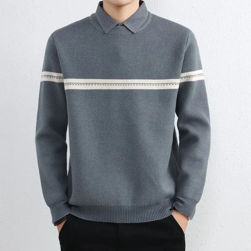 Fake Two-piece Sweater Fashion Splicing Base Shirt Men's Casual Shirt Collar Color Block Men's Knitted Sweater JJ863