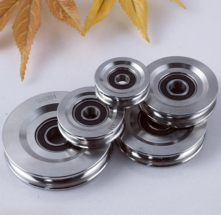 1 قطعة 304 بكرة الفولاذ المقاوم للصدأ U-نوع المسار سلك حبل الأسطوانة الكرة تحمل بكرة رفع استقامة آلة عجلة