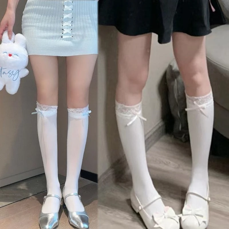 

Летние женские носки до середины икры, тонкие стильные милые кружевные прямые чулки с бантом, 15UB