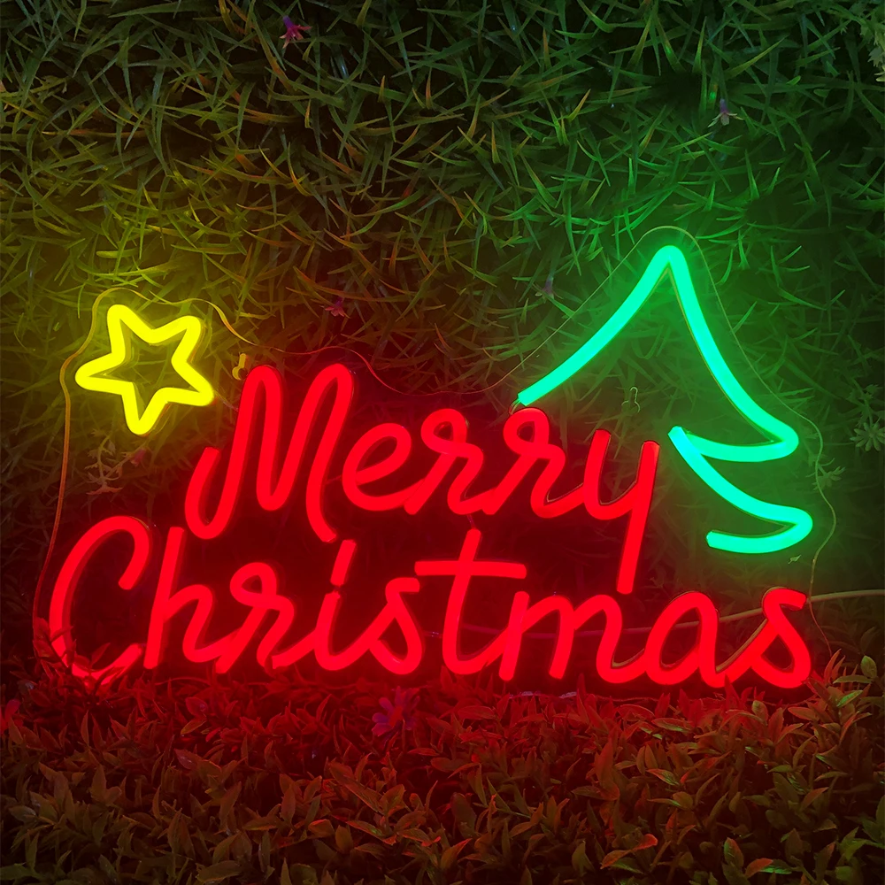 Merry Christmas Neon Sign LED Lights Art Letter Room Decoration For Bar Party Home Bedroom Dimmable Xmas Tree Star Wall Lamp