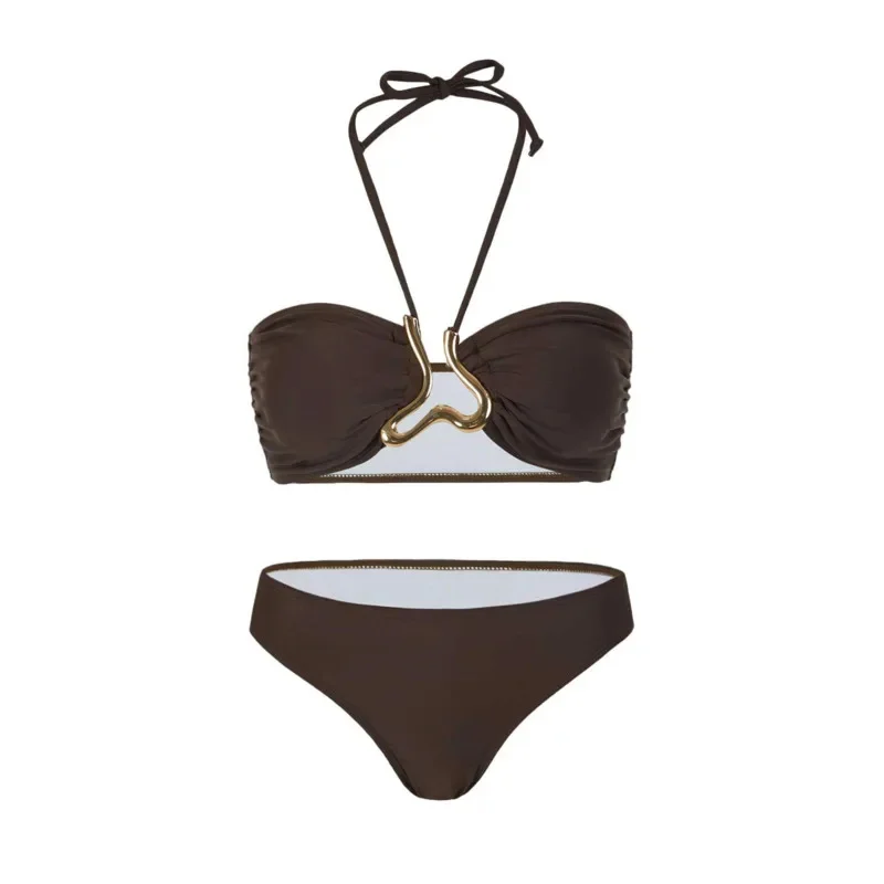 Summer Solid Color 3Piece Bikini Set Stylish Women's Strappy Bandeau Swimsuit Metallic-Button Cover-Up Maxi Skirt Beach Swimsuit