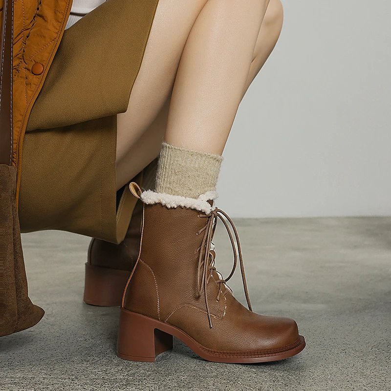 2024 Winter Women Boots Split Leather Women Shoes Round Toe Chunky Heel Genuine Leather Ladies Wool Modern Snow Boots image 5