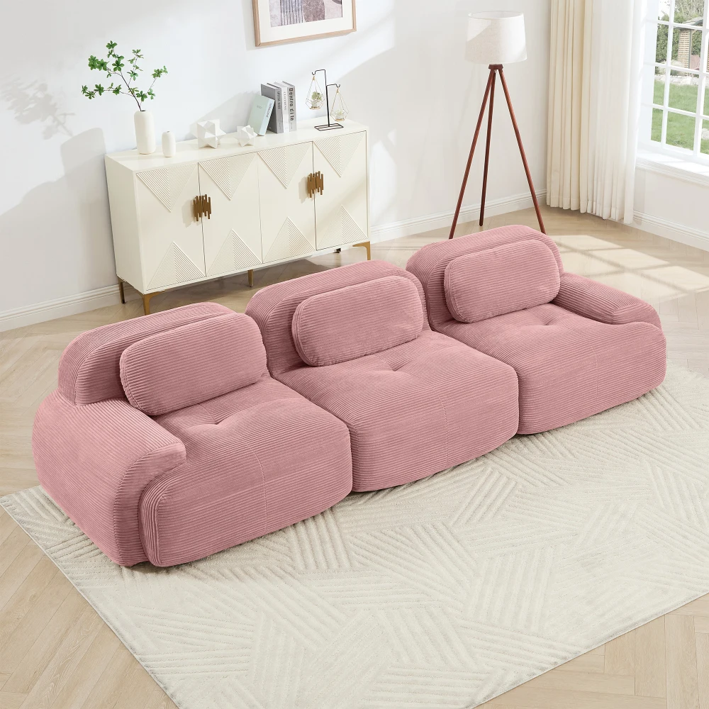 

3-Seat Premium Corduroy Modular Sofa: Anti-Slip No Assembly Curved Armrests & Ergonomic High-Resilience Sponge (Pink)