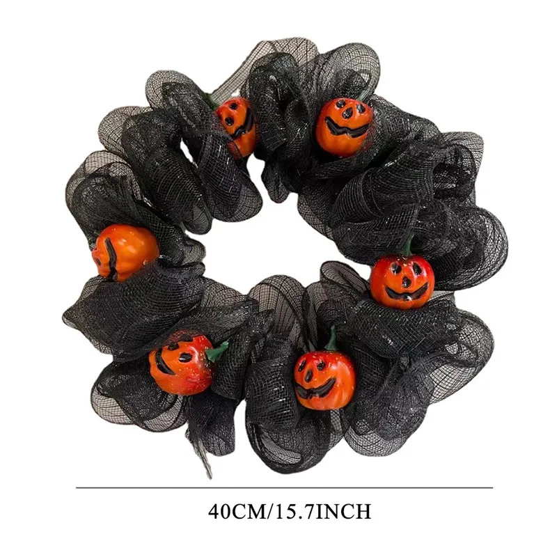 Couronne de Porte d'Halloween Artificielle d'Automne, Citrouille Noire et Orange, Tissu en Maille, Guirxiété pour Décoration Intérieure et Extérieure