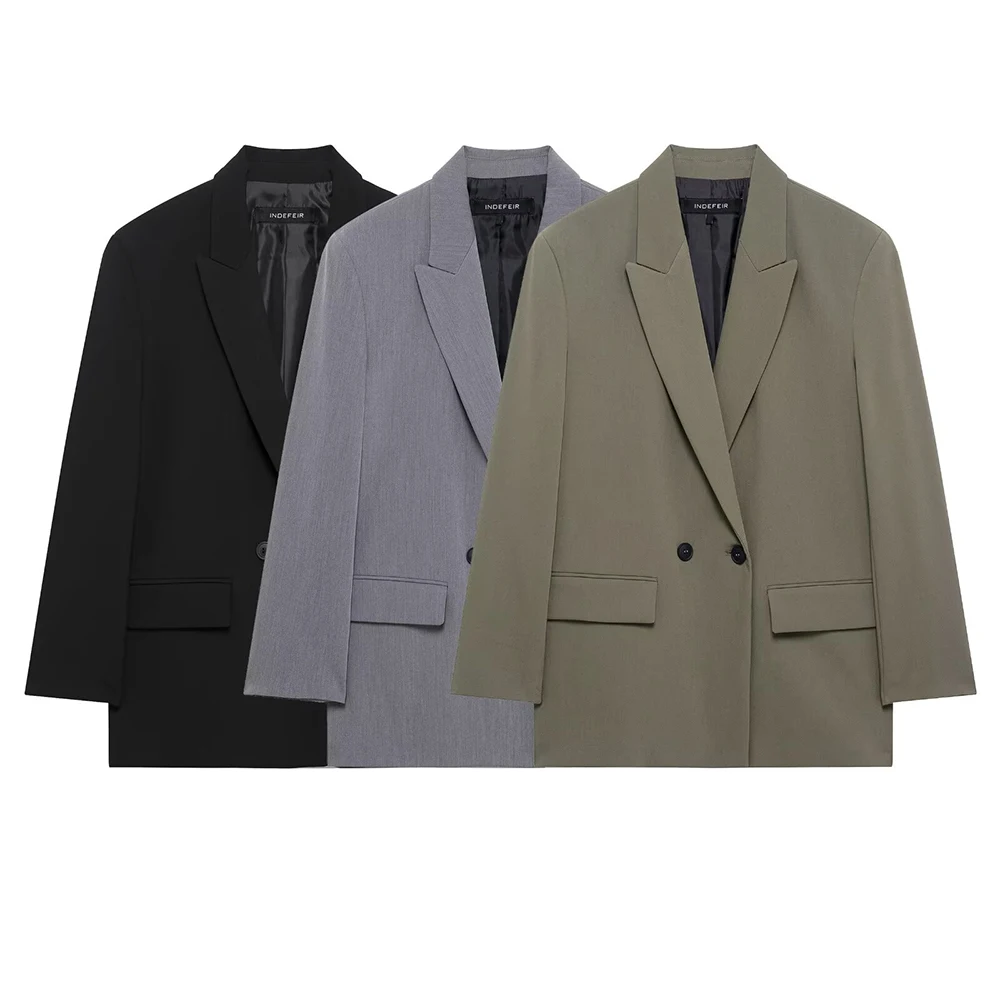 TRAF 2025 Spring Versatile Flip Collar Long Sleeve Double Breasted Suit Coat Loose Commuter Style New Product