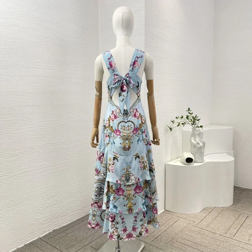 2024 New Women Vintage Floral Print Sleeveless Bow Tie Top Quality Cake Stacking Pleats Midi Dress for Holiday