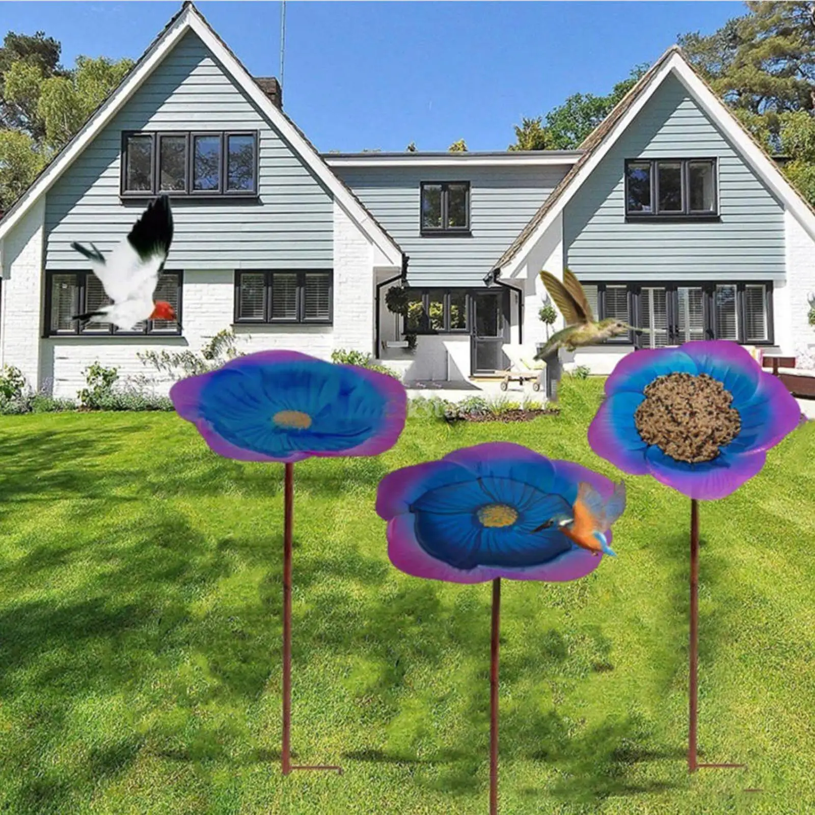 Bird Bath Bowl Outdoor Bird Feeder Birdbath Iron Detachable Sturdy Weatherproof Decorative with Stake for Garden Backyard