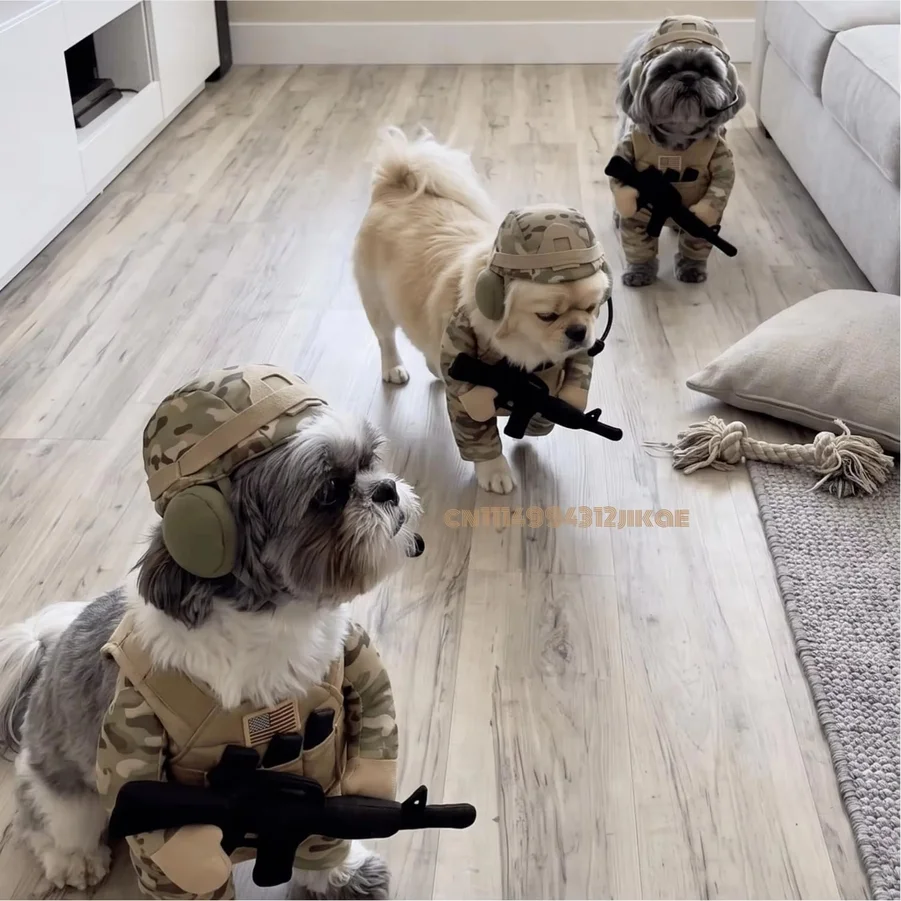 Pet Tactical Soldier Uniform, Halloween Pet Soldier Costume for Dogs & Cats,Tactical Dog Harness with Hat, Funny Military Outfit - view 5