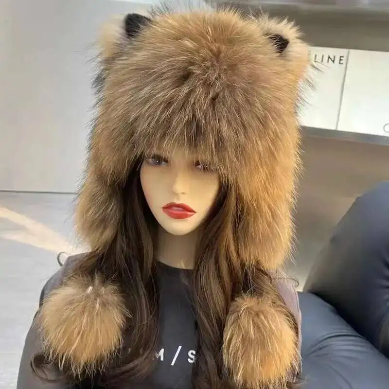 Real Raccoon Fur Hats Women Winter Cute Cat's Ears Protection Fur Caps Female Warm Bomber Hat Luxury Thickened Knitted Fur Cap