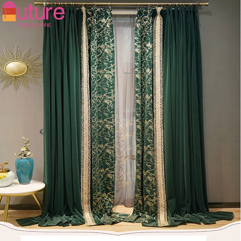 Patchwork Embroidery Shading Silk Flannelette Retro Light Luxury Dark Green Curtains for Living Dining Room Bedroom