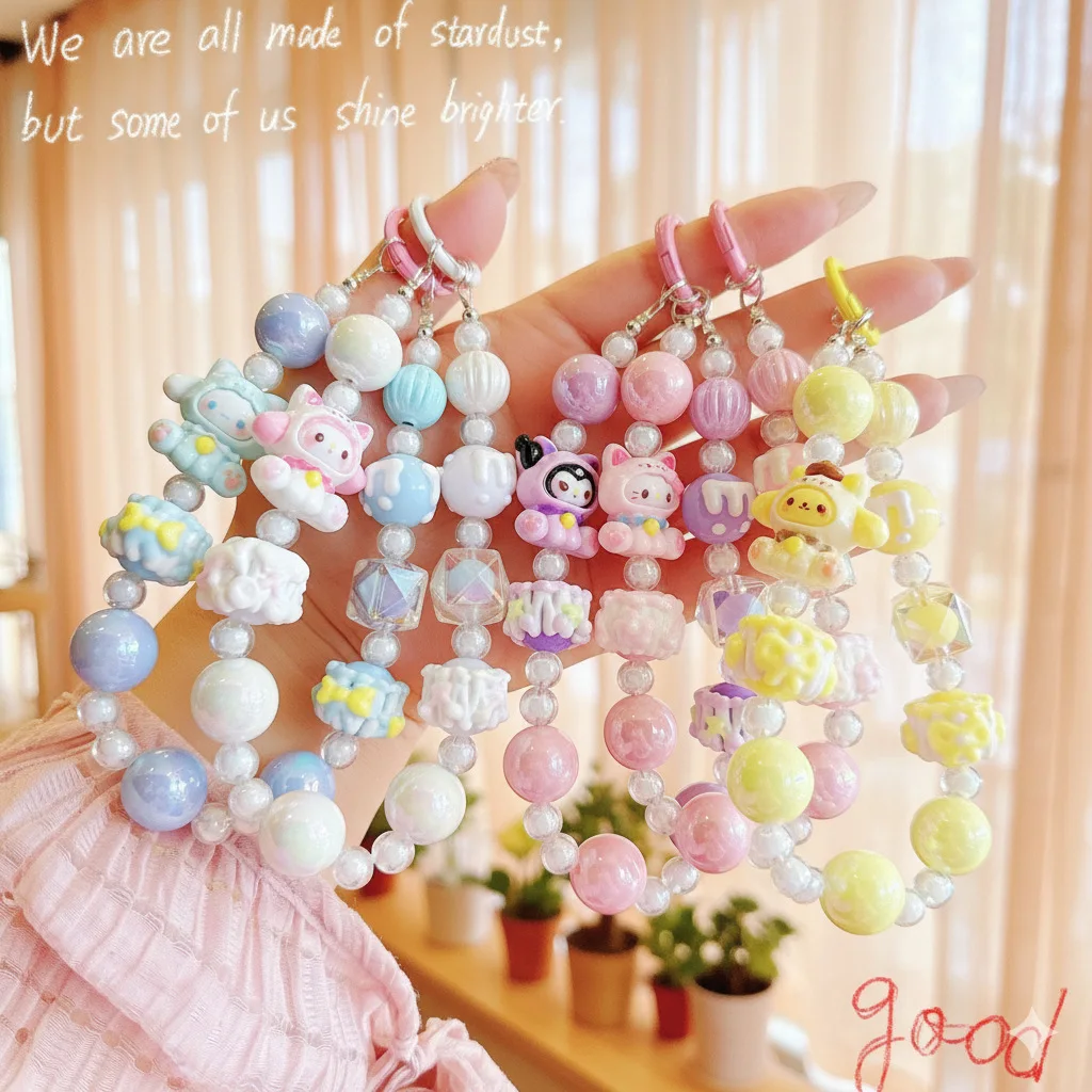 

Cartoon Sanrio Mobile Phone Chain Pendant Cute Hello Kitty Melody Kuromi Kt Cat Keychain Hand-painted Beads Doll Model Toy Gift