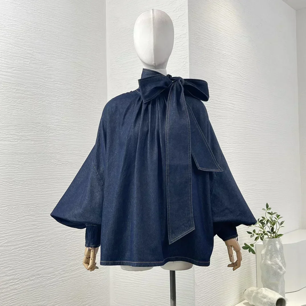 Cotton 2024 New Navy Blue Jeans Long Sleeve Blouse Casual Collection High Quality Full Lantern Sleeve Bow Tops for Women