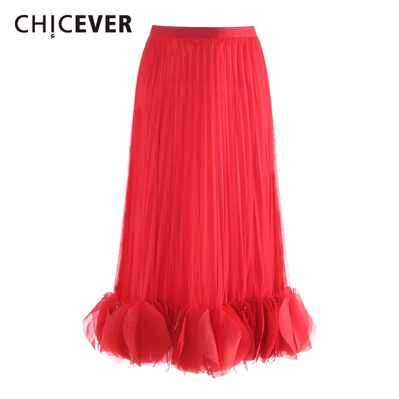 

CHICEVER Elegant Spliced Beading Party Skirt for Women High Waist Patchwork Folds Weddings Fashionable Style Mesh Skirts Female