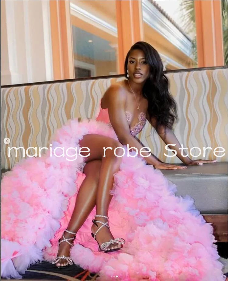Pink Sparkly Black Girl Prom Dresses 2025 Customsized Ruffles Slit Skirt Luxury Diamond Crystal Evening Birthday Gala Gown image 3