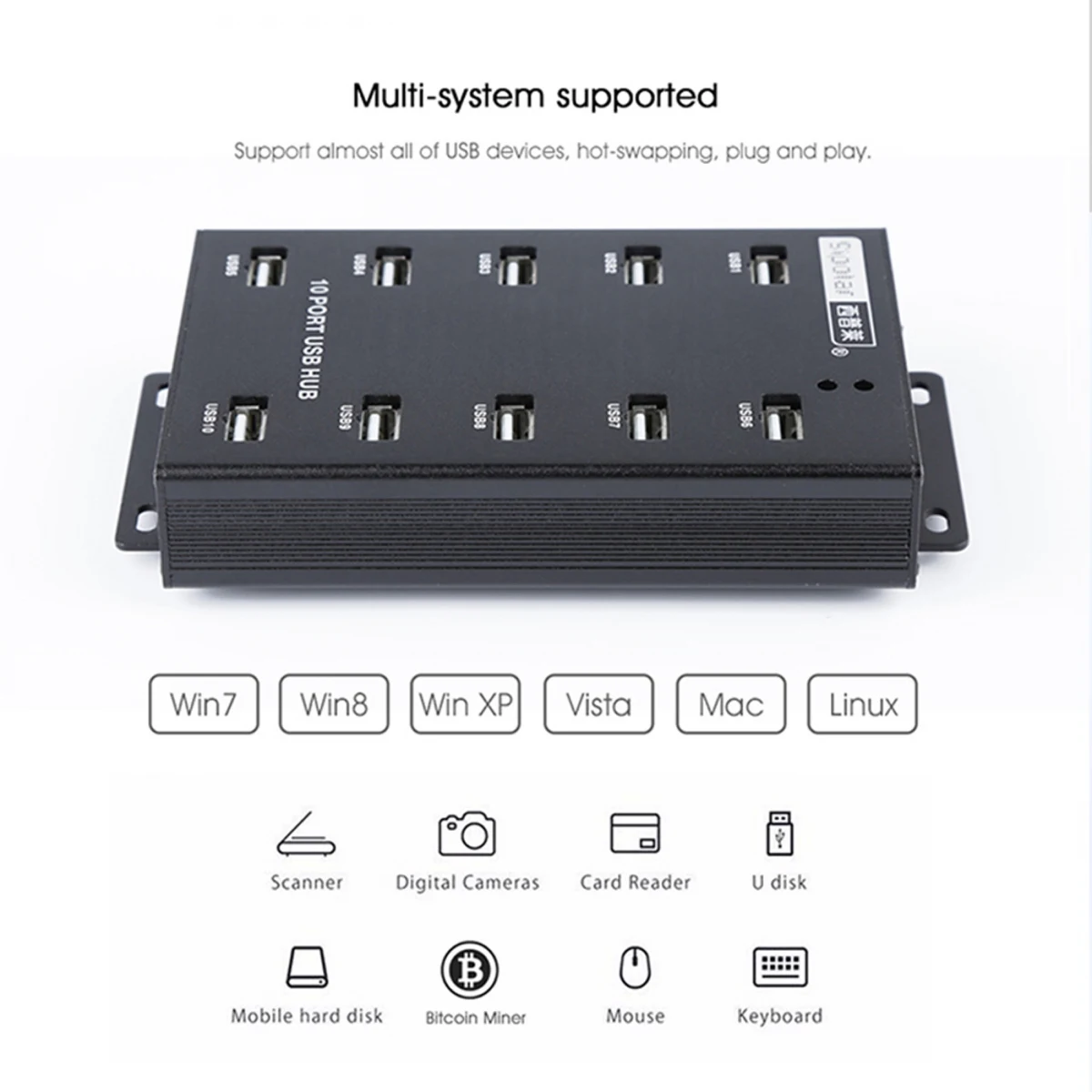 Sipolar A-300 10 Ports Industrial Wall and Desk Metal USB2.0 Hub Powered Hub with Power Supply for Litecoin Bitcoin Miners