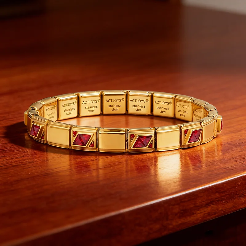 Actjoys Charm Bracelet Gold Stainless Steel Link Modular Bracelet Red Gemstone Jewelry for Women Expansion Y2K Aesthetic Chain