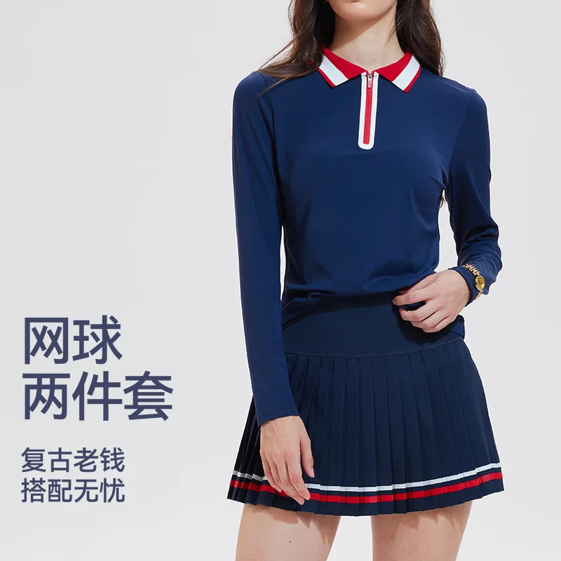 ملابس تنس جديدة، قميص بولو نسائي بأكمام طويلة نصف سحاب وطية صدر السترة، مجموعة ملابس رياضية للياقة البدنية سريعة الجفاف في الهواء الطلق #2