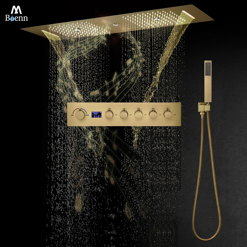 M Boenn Bathroom Luxurious Brushed Gold Shower Sets full System 35*12 Inch Rainfall Shower Head Wall Hot and Cold Diverter Mixer