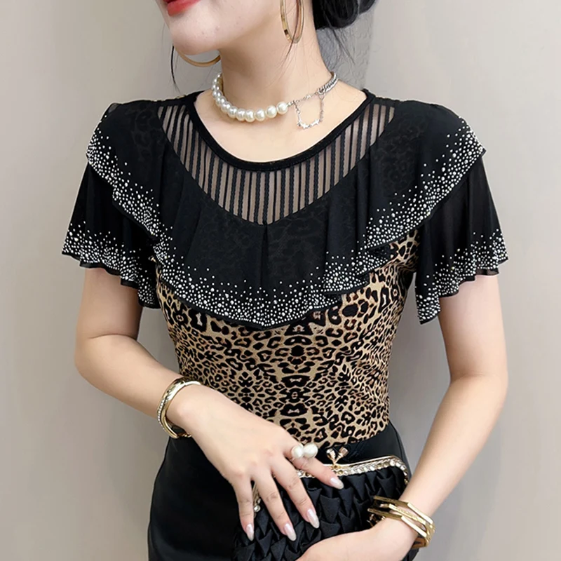 New 2026 Summer Short Sleeved O-Neck Women's T-Shirt Fashion Sexy Hollow Out Ruffles Mesh Tops  Hot Drilling Blusas