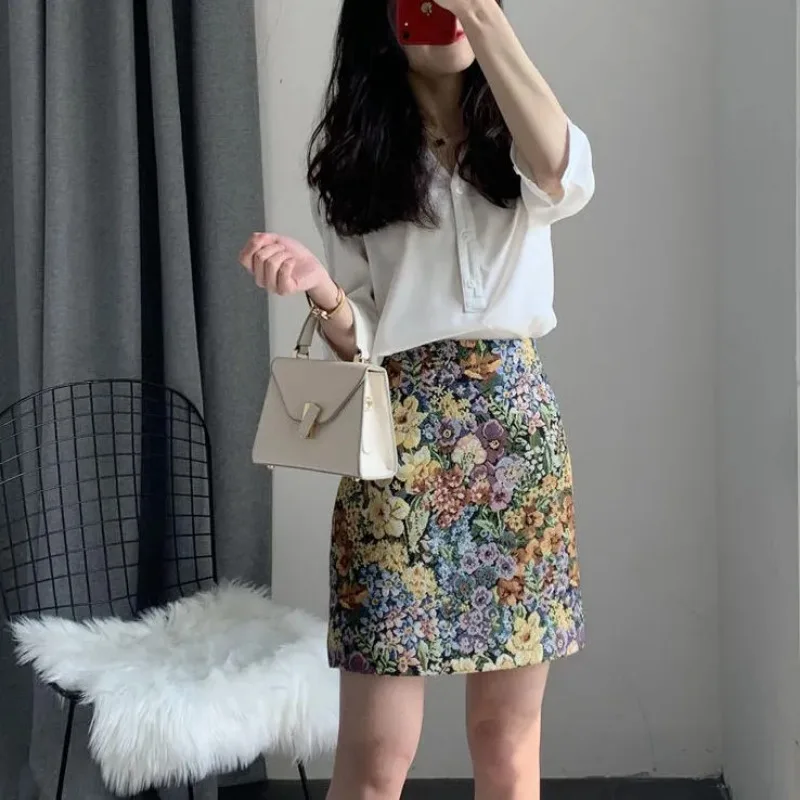 Women's Vintage Floral Tapestry Skirt High Waist A-Line Bodycon Short Skirt
