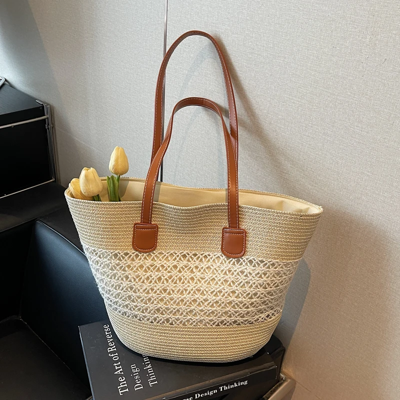 

Повседневная пляжная женская сумка через плечо, ажурная соломенная сумка-тоут, вместительная универсальная сумка для летнего отдыха