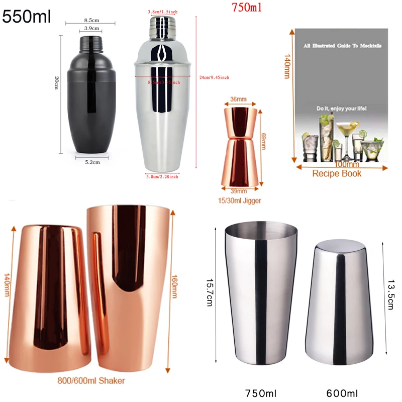 13Pcs Cocktail Shaker 800/750/600/550ml Boston Stainless Steel Mixer Bartender Bar Tools Shakers Set Recipe With Wine Stand