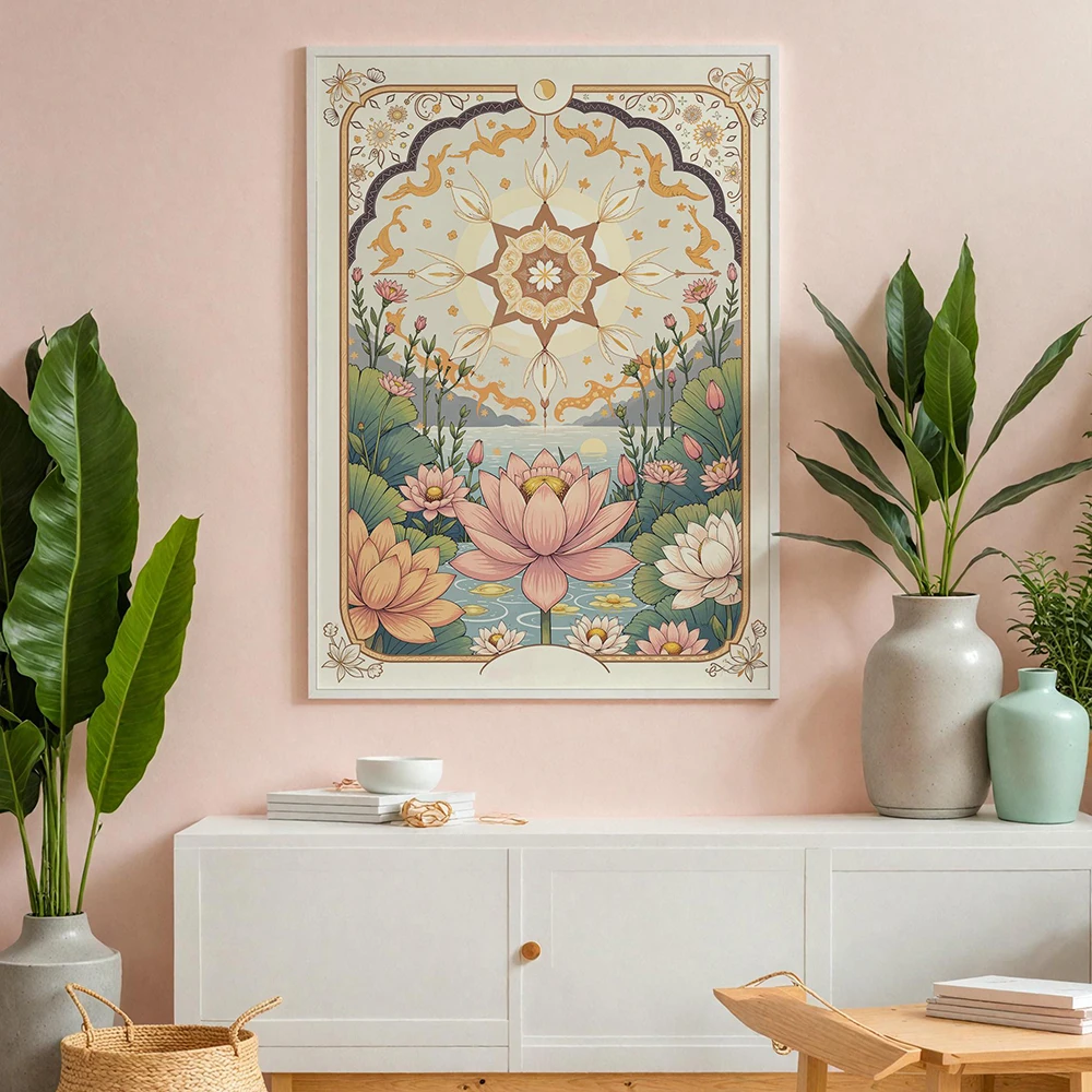 1PC frameless decorative art print,Boho Vintage Floral Star Tarot Card Art Prints Celestial Lotus and Sun Wall Canvas Painting F view 2