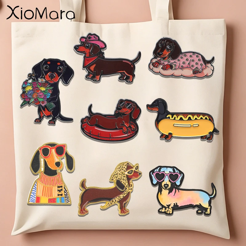 Cute Dachshund Dogs Enamel Pins Trendy Wear Sunglasses Puppy Bouquet Cowboy Hat Sausage Dog Cartoon Animal Brooches Jewelry Gift