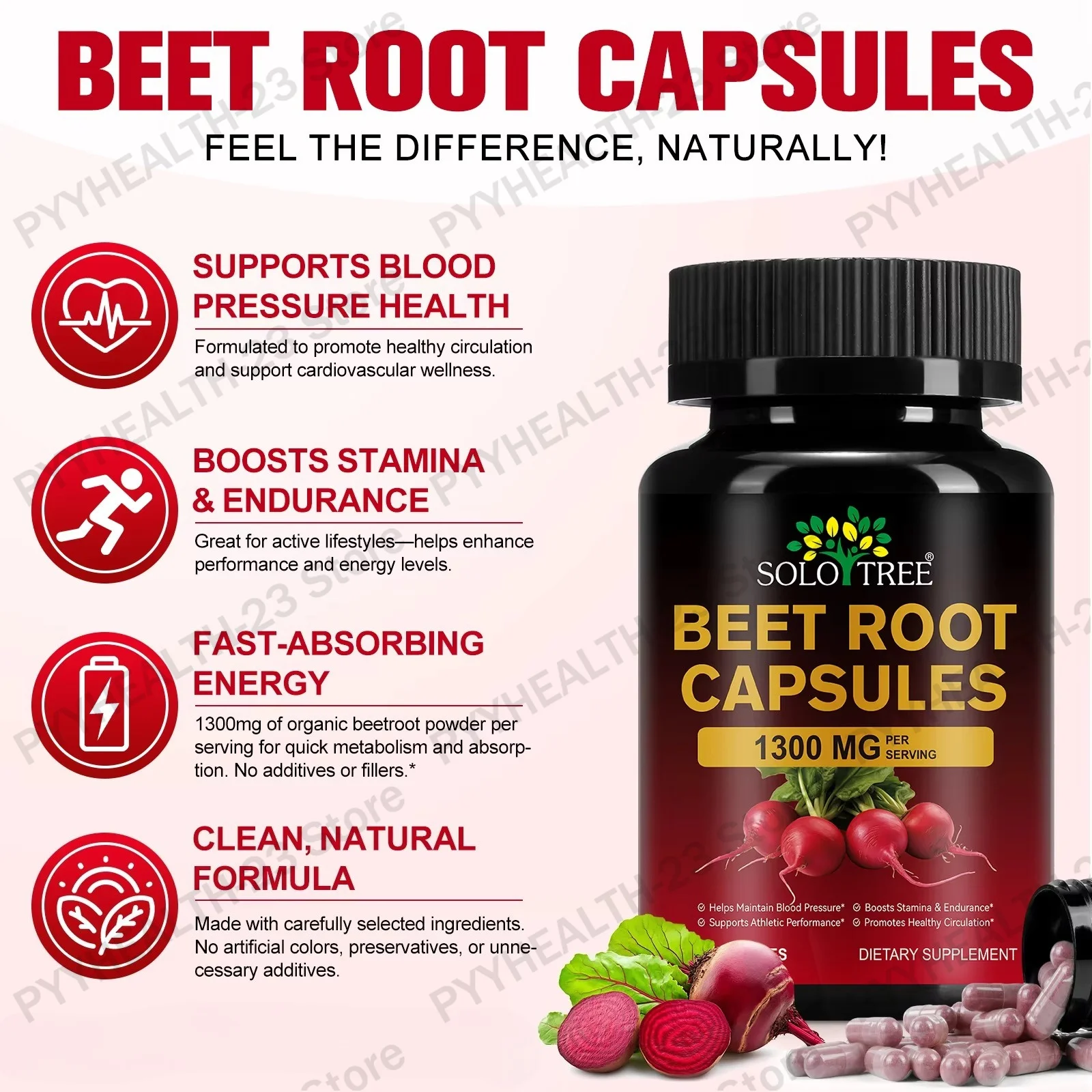SOLOTREE Organic Beetroot Powder Capsules Provide Energy Support for Heart Health Anti Fatigue and Promote Metabolism, 60 pcs