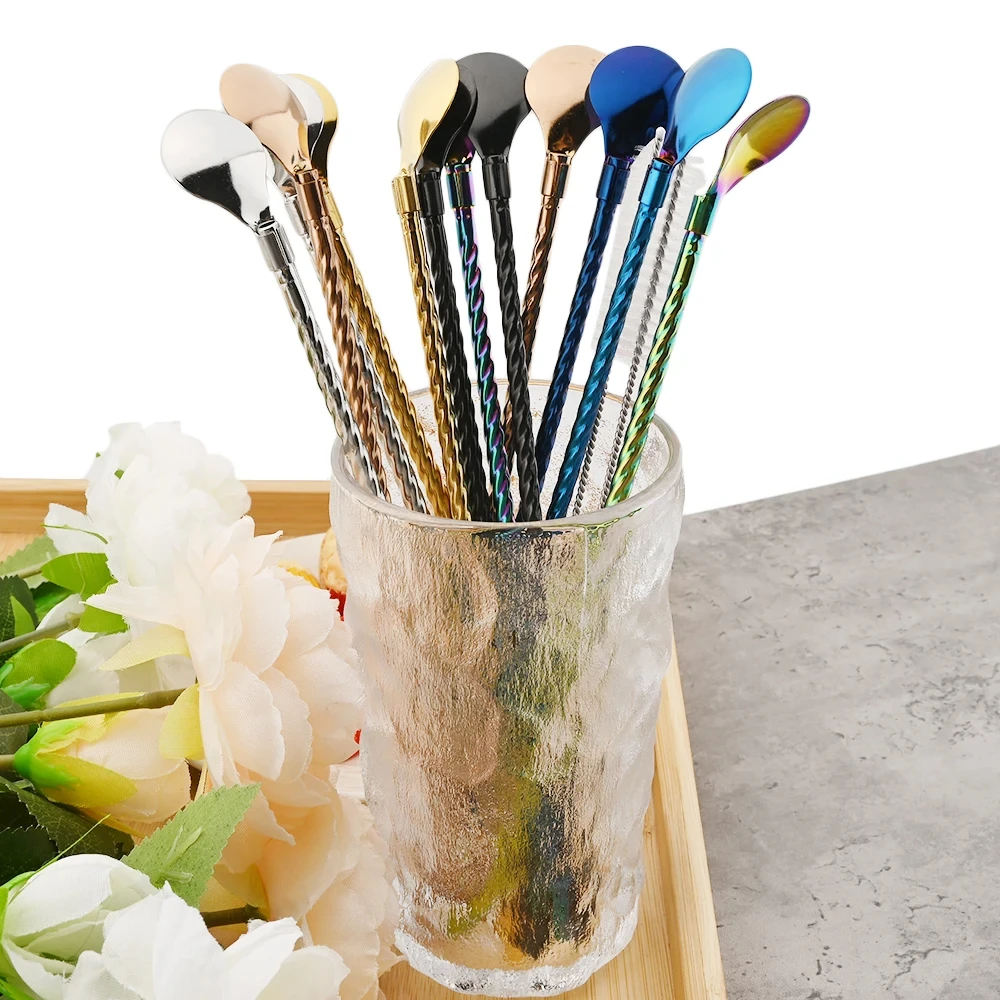 6Pc Silver Stainless Steel Straw Spoon Set Reusable Metal Straw with Brush Mixing Stirring Straw for Smoothie Drinking Accessory