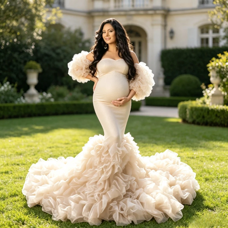 

Hot Maternity Dress Photoshoot Tulle Maxi Gown Baby Shower Ruffled Overskirt Train Mermaid Bridal Pregnancy Photo Prop Flowy
