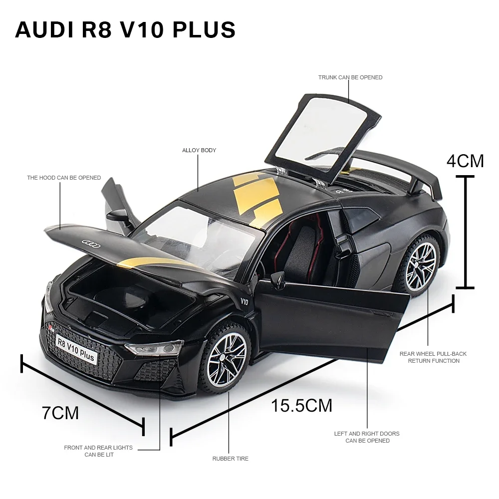 نموذج سيارة أودي R8 و V10 Plus من سبيكة السيارة الخارقة ، مركبة لعبة معدنية دييكاست ، صوت وخفيف ، محاكاة للظهر ، مجموعة هدايا ، اسحب